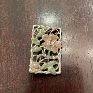 Vintage silver tone floral brooch with pink & green enamel flower w/ pink stone